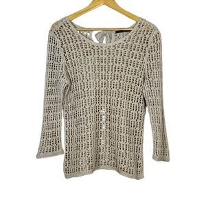 Nic Zoe Womens Linen Blend Open Knit Crochet Sweater M Silk Tie Fisherman Beachy